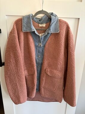 Very J Dusty Rose Teddy + Denim Detail Button Up Shacket Jacket | New with tags!